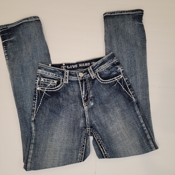 Live Hard Play Hard Thick Stitch Studded Boot Cut Jeans Size 2 - Picture 4 of 16